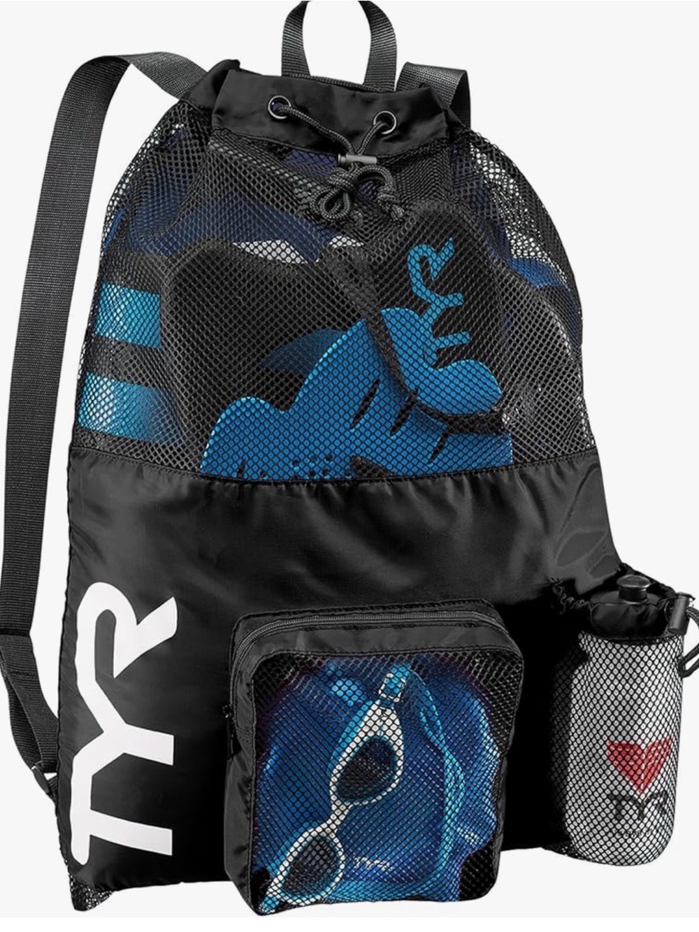 TYR Black and Blue Mesh Drawstring Swim Backpack with Front Pocket